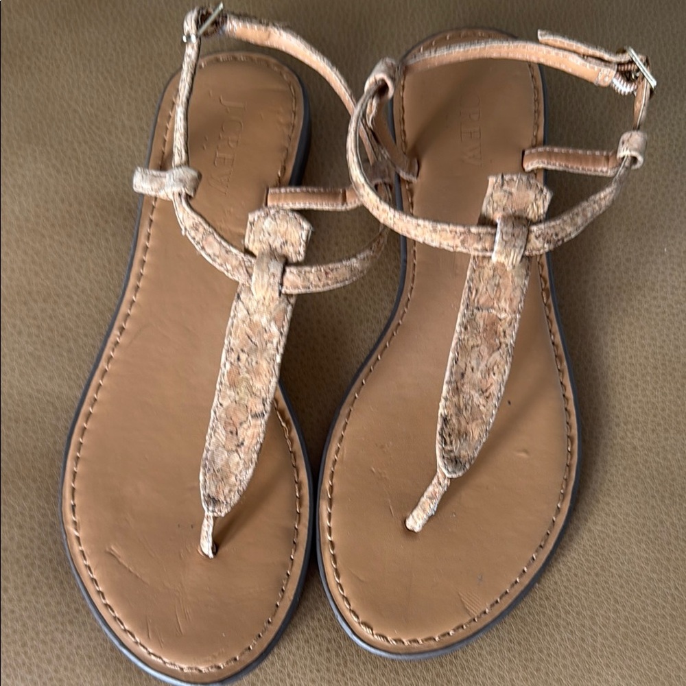 J. Crew Tan T-Strap Sandals with Adjustable Ankle Strap